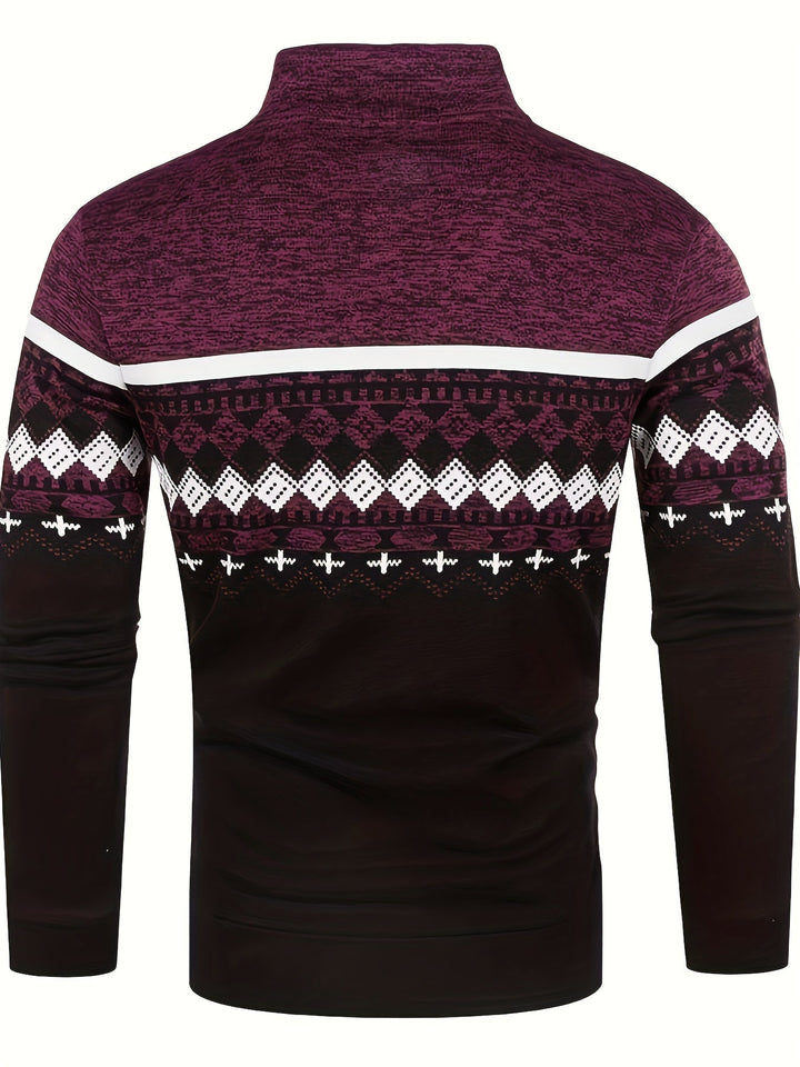 Maglione uomo invernale, collo alto, motivo geometrico, colori bordeaux e nero, stile casual, ideale per moda autunno-inverno.