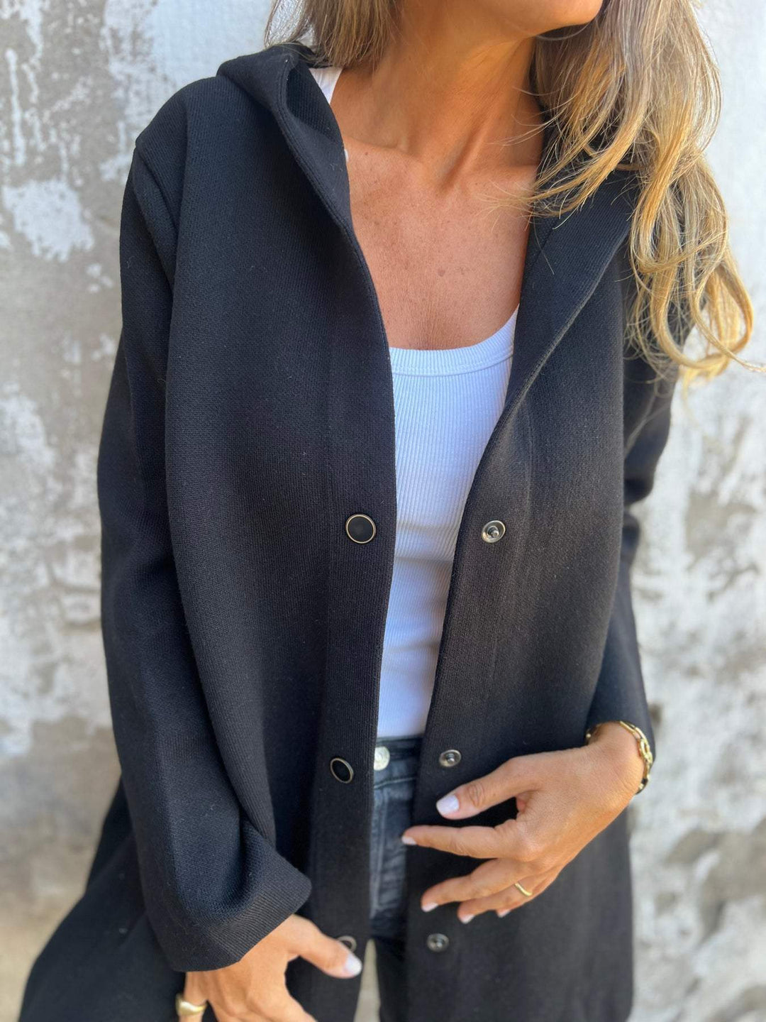 Cardigan Donna in Maglia con Cappuccio e Bottoni Casual