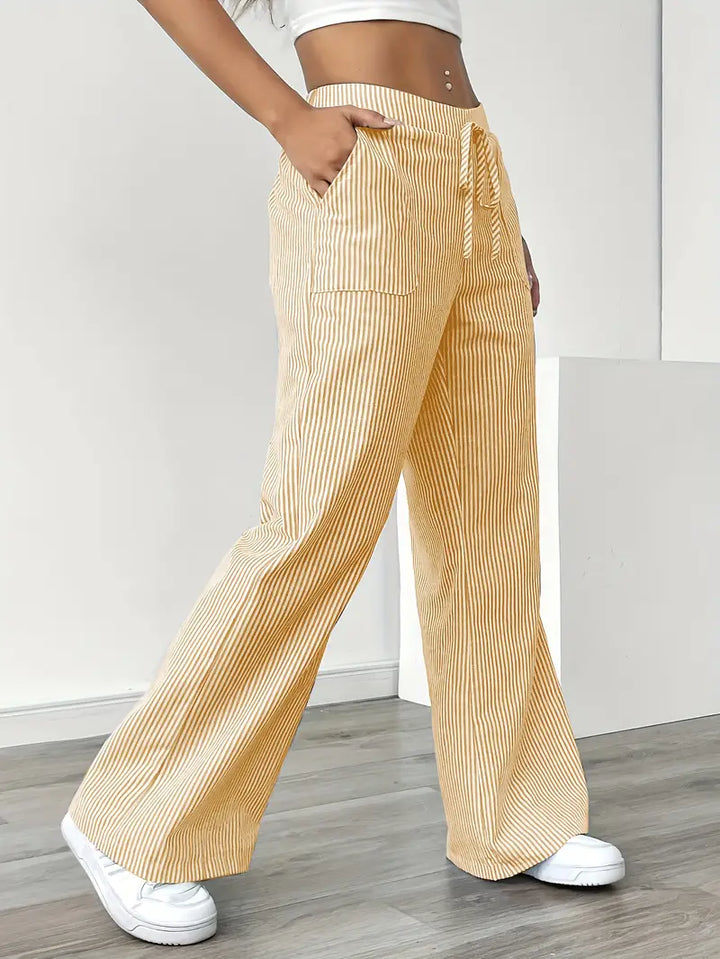 Pantaloni Donna Lino Leggeri Traspiranti Gamba Larga Tasche