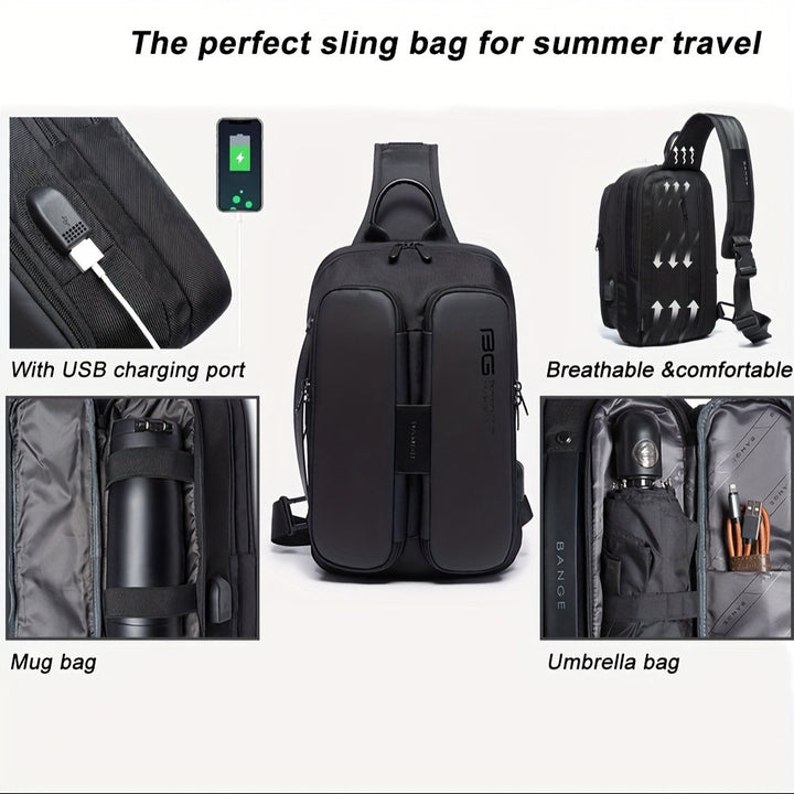 Zaino a tracolla nero per viaggi estivi, con porta USB, tasca per borraccia, scomparto per ombrello, design traspirante e confortevole.