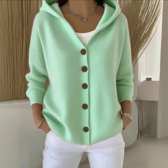 Gilet Donna in Maglia con Cappuccio Bottoni Frontali
