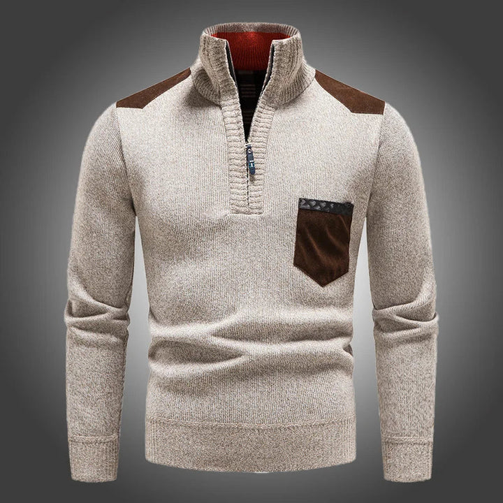 Maglione Uomo Collo Alto Zip Un Quarto Maglia Morbida Tasca