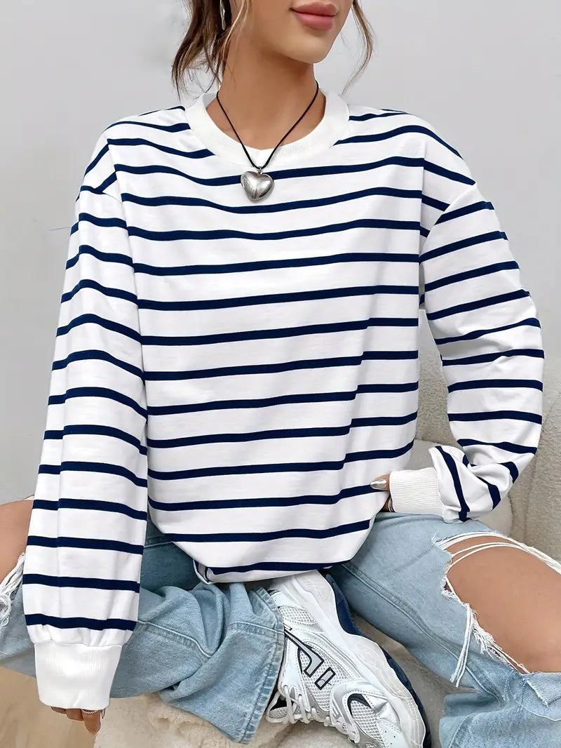 Felpa Donna Casual a Righe Girocollo Regular Fit