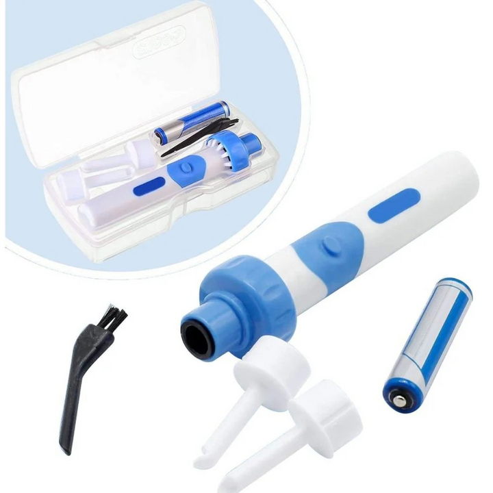 Kit pulizia orecchie elettrico blu e bianco, include spazzola, punte di ricambio e batteria, in custodia trasparente. Accessorio igiene personale.