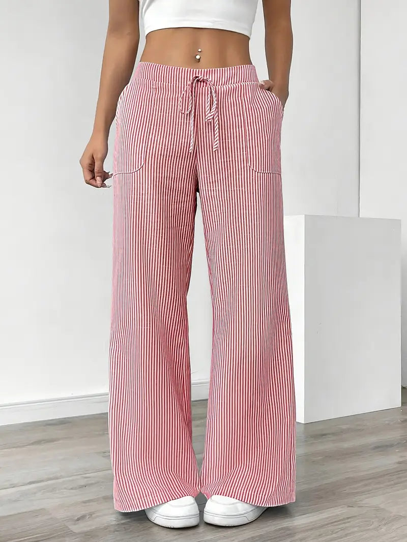 Pantaloni Donna Lino Leggeri Traspiranti Gamba Larga Tasche