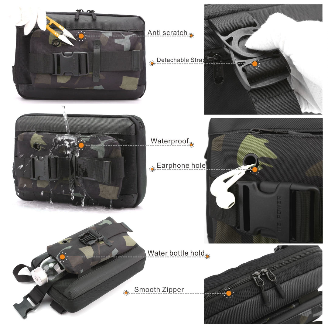 Borsa a tracolla mimetica impermeabile con foro per auricolari, cerniera liscia, tasca per bottiglia, resistente ai graffi, tracolla staccabile.
