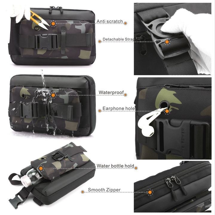 Borsa a tracolla mimetica impermeabile con foro per auricolari, cerniera liscia, tasca per bottiglia, resistente ai graffi, tracolla staccabile.