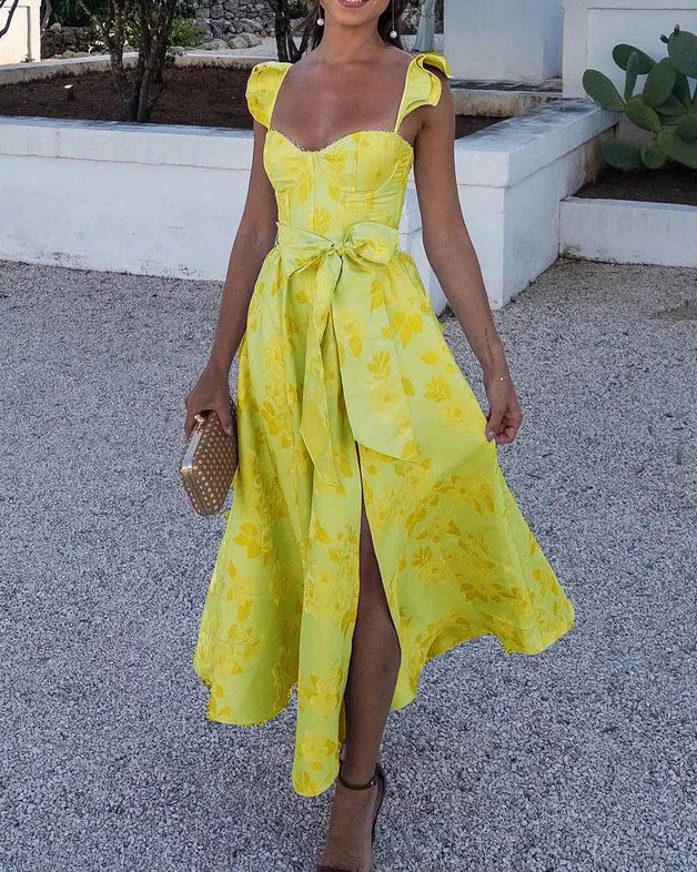 Abito Midi Donna con Fiocco e Spalline Arricciate