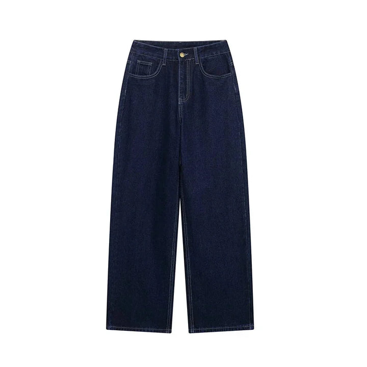 Ensemble femme en denim, comprenant une veste et un pantalon avec ceinture ajustable et coupe décontractée.