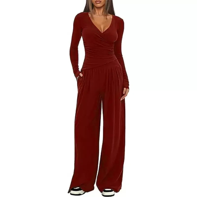 Ensemble sportswear femme couleur café, avec pantalon ample et manches longues en mélange de coton.