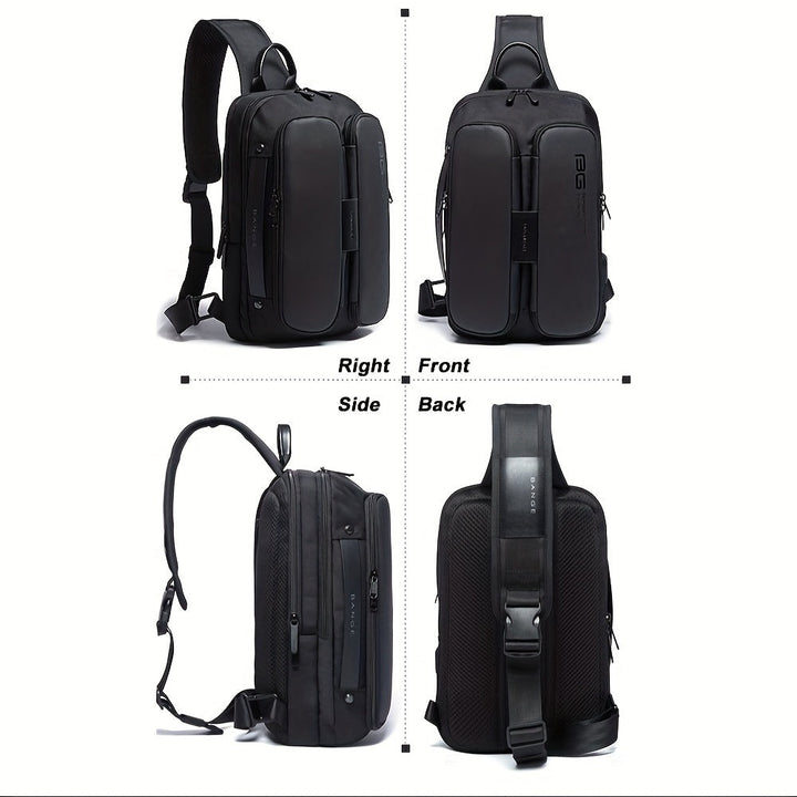 Zaino nero multifunzione in pelle, vista frontale, laterale e posteriore. Design moderno, tasche multiple, ideale per lavoro e viaggio.