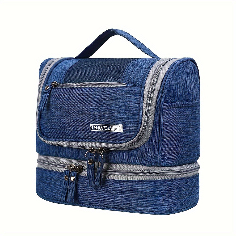 Borsa da viaggio blu con manico, tasche multiple e cerniere, ideale per organizzare accessori da toilette. Design compatto e resistente.