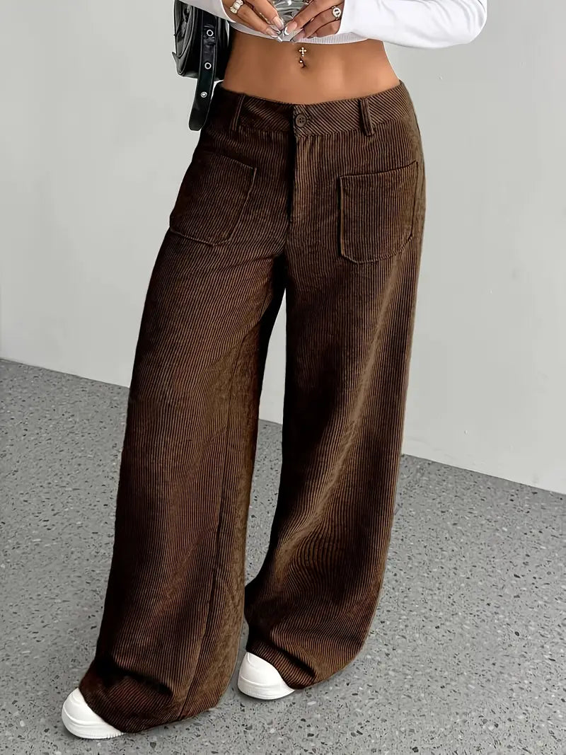 Pantaloni Donna a Coste Vita Alta Gamba Larga