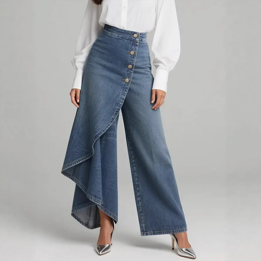 Pantaloni Donna Finto Denim Gamba Dritta Bottoni Arricciati