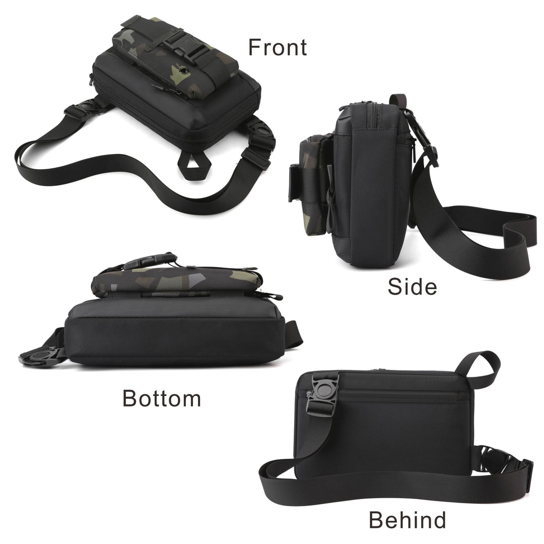 Borsa a tracolla nera multifunzionale, vista frontale, laterale, inferiore e posteriore. Design compatto, ideale per viaggi e uso quotidiano.