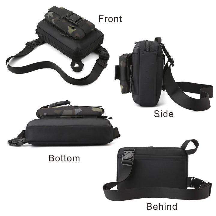 Borsa a tracolla nera multifunzionale, vista frontale, laterale, inferiore e posteriore. Design compatto, ideale per viaggi e uso quotidiano.