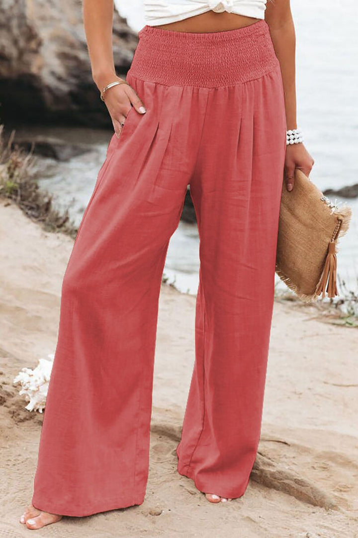 Pantaloni Donna in Lino Vita Elastica Vestibilità Ampia