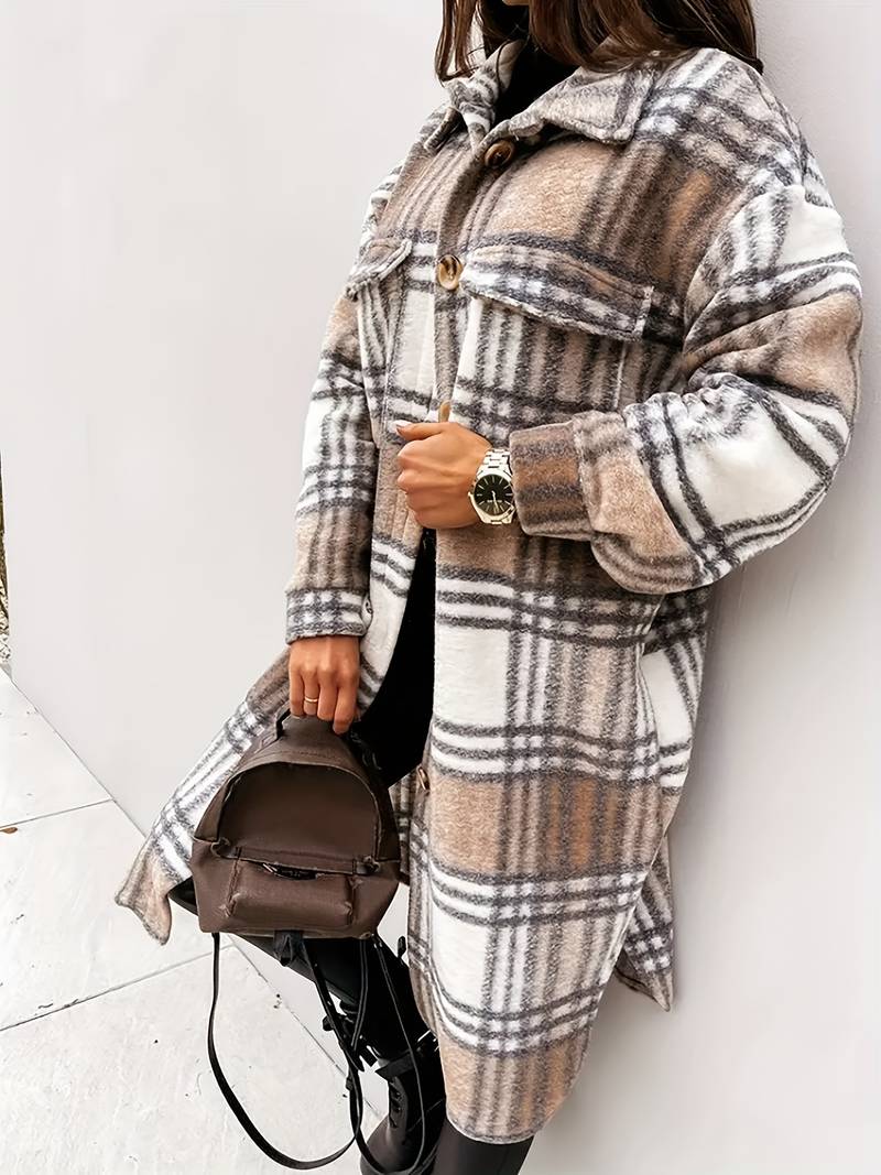 Cappotto Lungo Donna in Tessuto a Quadri Vestibilità Confortevole