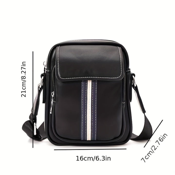 Borsa a tracolla uomo in pelle nera con strisce decorative, dimensioni 21x16x7 cm. Elegante e pratica per uso quotidiano.
