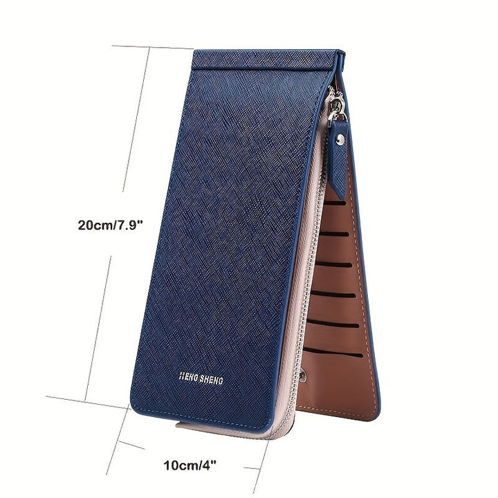 Portafoglio donna in pelle blu, design verticale, con zip e scomparti per carte. Dimensioni: 20x10 cm. Elegante e funzionale.