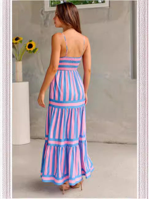 Abito lungo Donna Estivo Righe Spalline Sottili