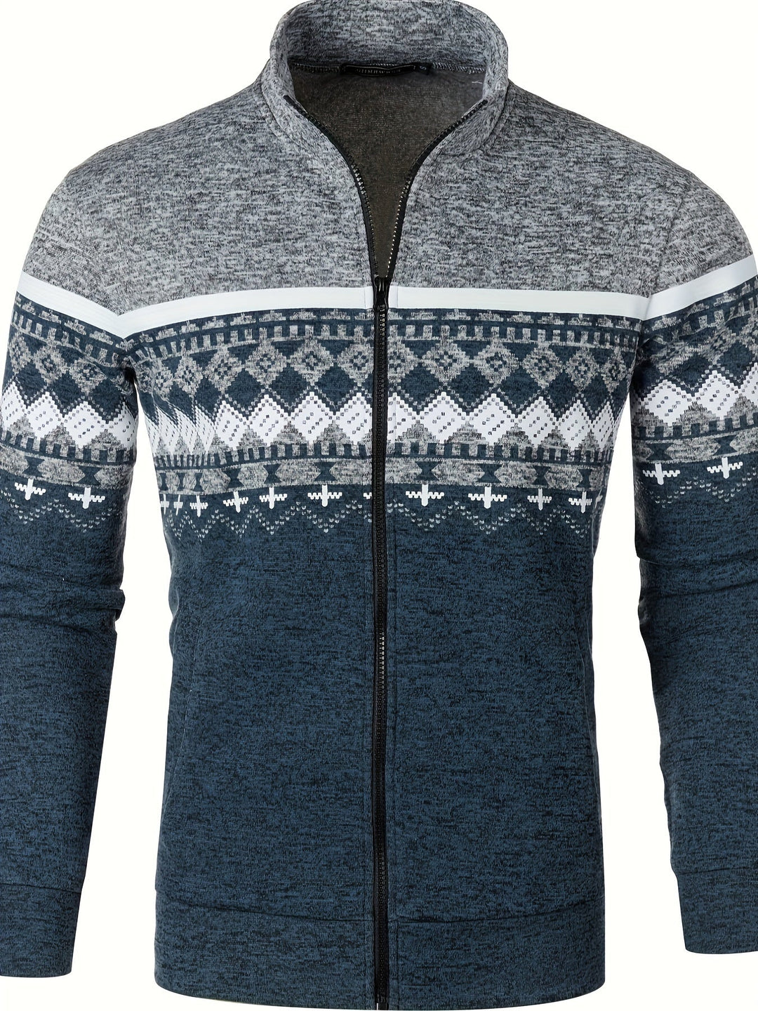 Giacca invernale uomo, motivo nordico, zip frontale, colori grigio e blu, tessuto caldo e morbido, ideale per moda casual e outdoor.