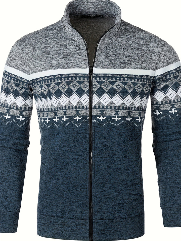 Giacca invernale uomo, zip frontale, motivo nordico, colori grigio e blu, tessuto caldo e morbido, ideale per moda casual e outdoor.