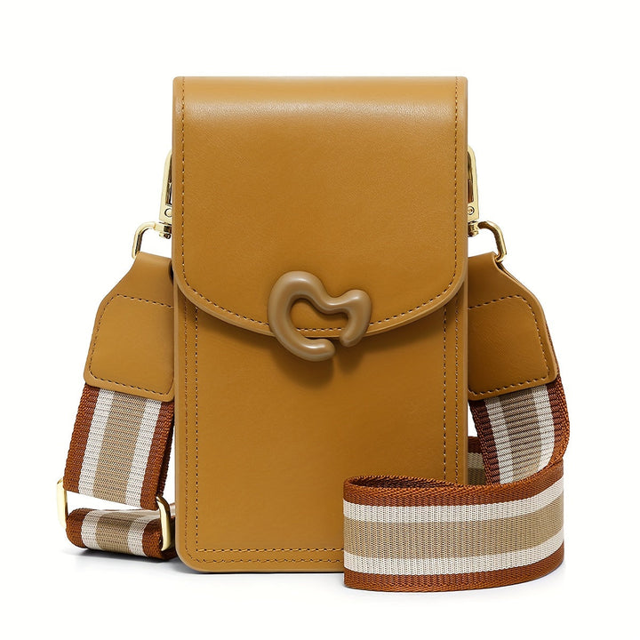 Borsa a tracolla in pelle marrone chiaro con chiusura a forma di C, cinturino regolabile a righe marroni e bianche. Accessorio moda elegante e pratico.