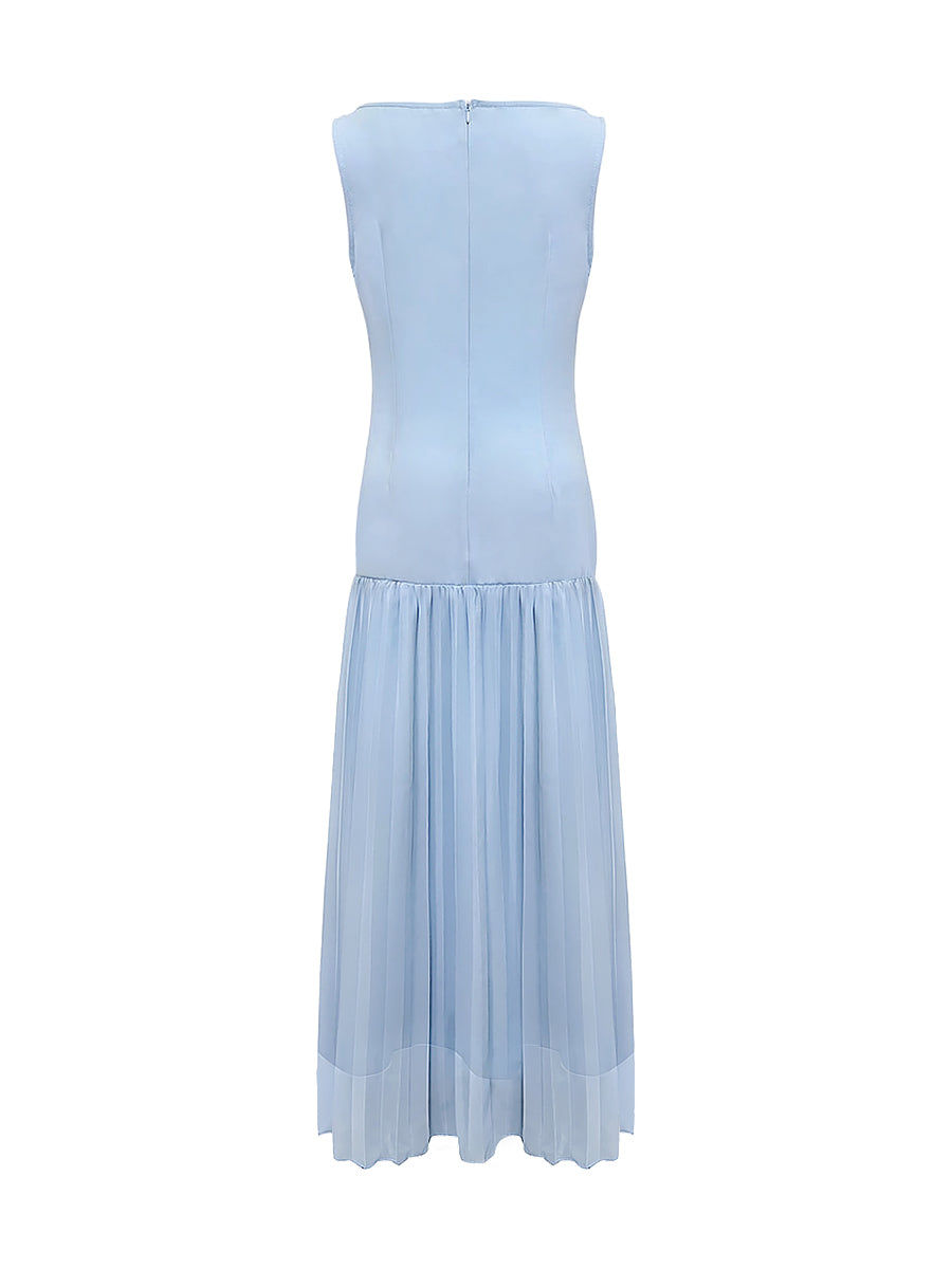 Vestito Maxi Donna Plissettato Scollo a Barca Senza Maniche Spacco