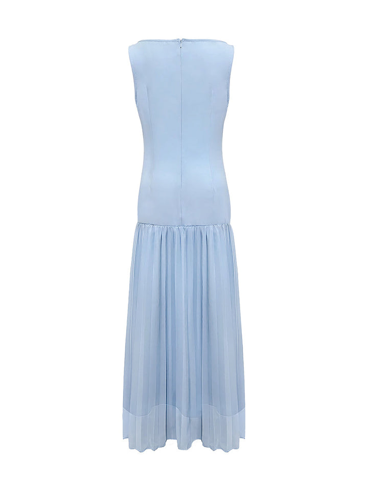 Vestito Maxi Donna Plissettato Scollo a Barca Senza Maniche Spacco