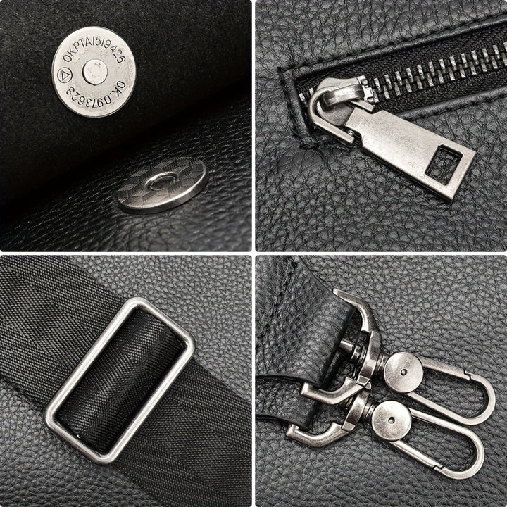 Dettagli borsa in pelle nera: chiusura magnetica, cerniera in metallo, fibbia regolabile, ganci robusti. Accessori moda eleganti e funzionali.