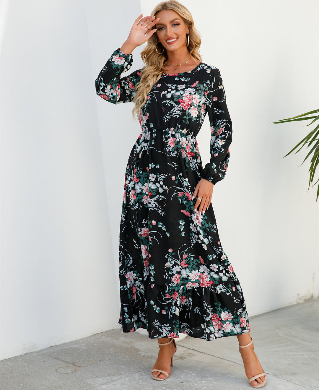 Abito Donna in Chiffon Floreale Scollo Rotondo Elegante