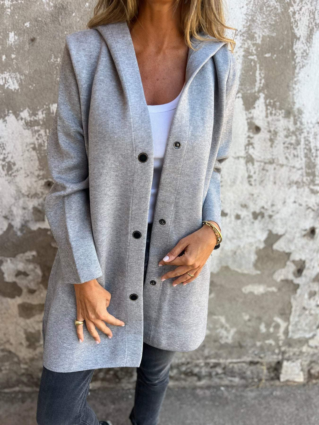 Cardigan Donna in Maglia con Cappuccio e Bottoni Casual