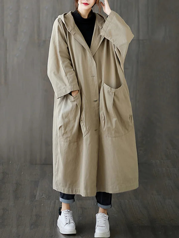 Cappotto Lungo Donna Impermeabile Oversize con Cappuccio e Tasche
