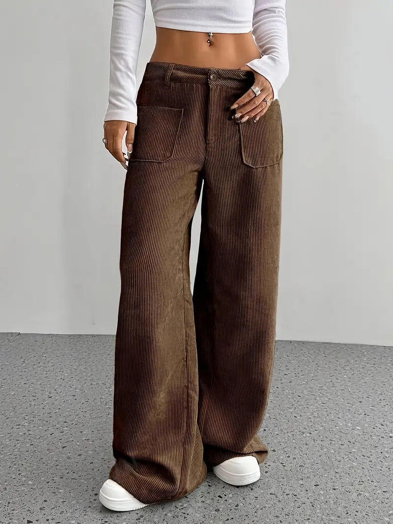 Pantaloni Donna a Coste Vita Alta Gamba Larga