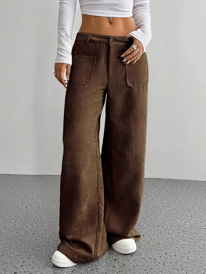 Pantaloni Donna a Coste Vita Alta Gamba Larga