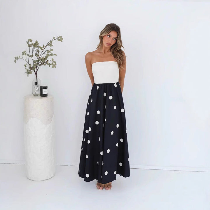 Abito Lungo Donna Patchwork Pois Scollo a Trapezio