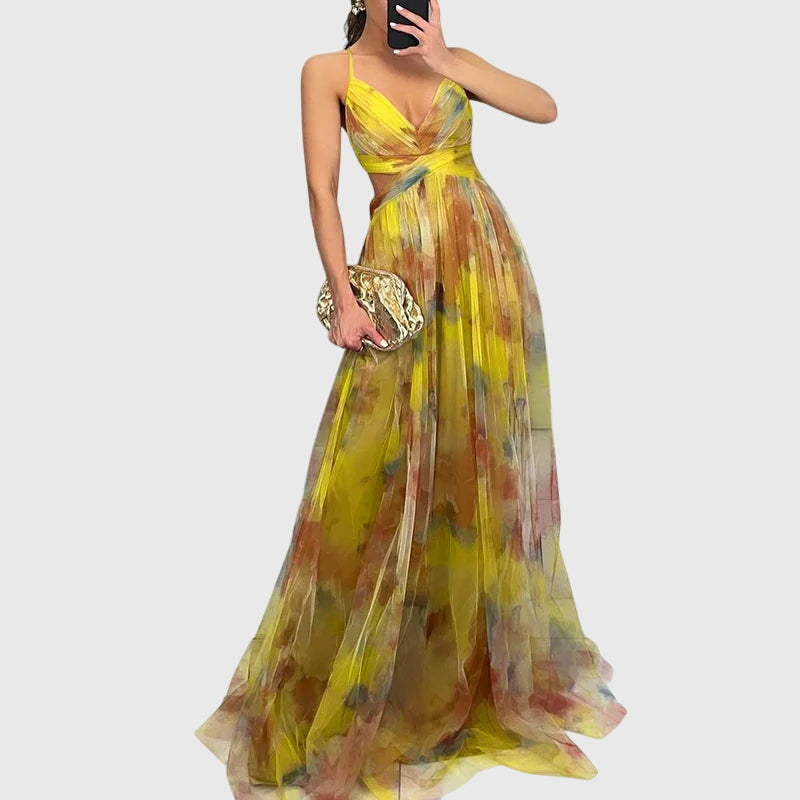 Abito Maxi Donna in Tessuto Stampa Botanica Linea Allungante
