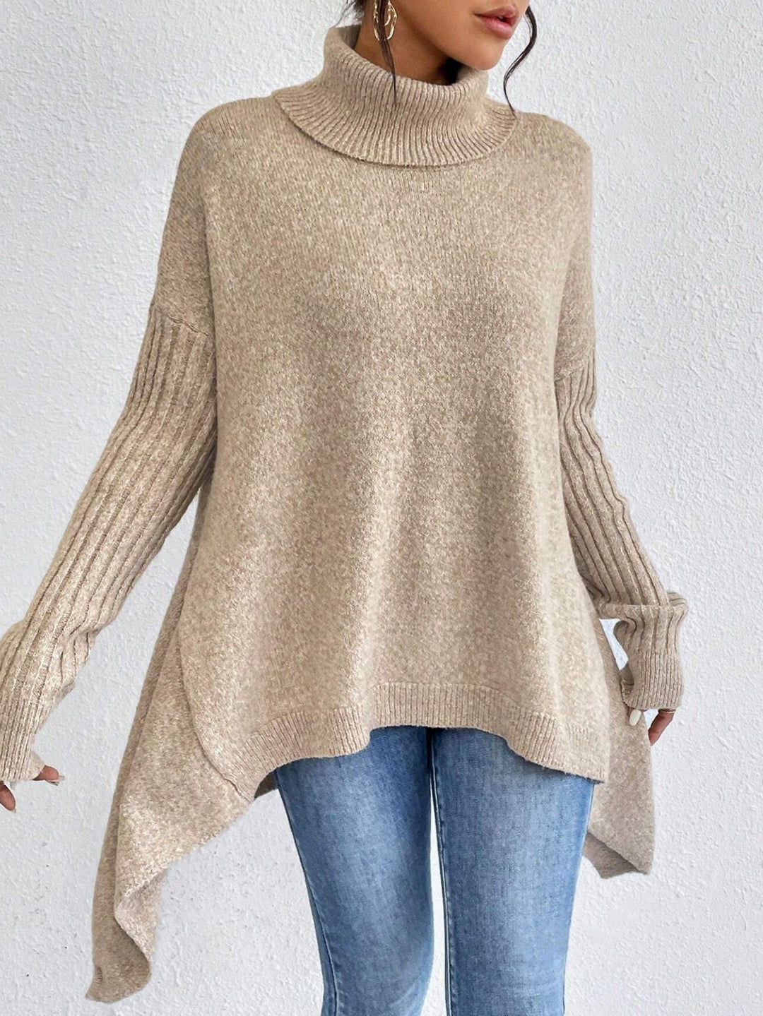 Maglione Donna Dolcevita Maglia Larga Manica Lunga Irregolare