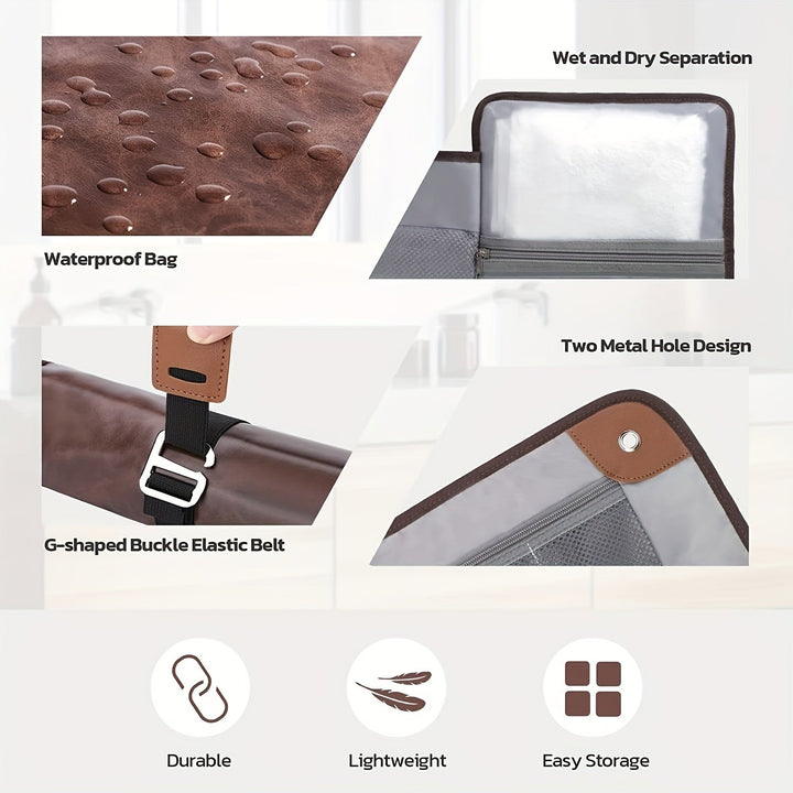 Borsa impermeabile marrone con separazione umido/asciutto, design con due fori metallici, cintura elastica a fibbia a forma di G. Durevole e leggera.