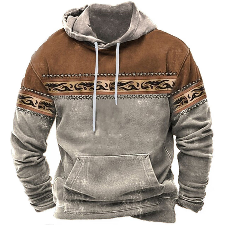 Felpa con cappuccio invernale, design etnico, colori marrone e grigio, tasca frontale, ideale per moda casual e abbigliamento caldo.