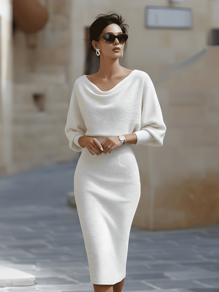 Abito Midi Donna Maniche a Pipistrello Drappeggiate