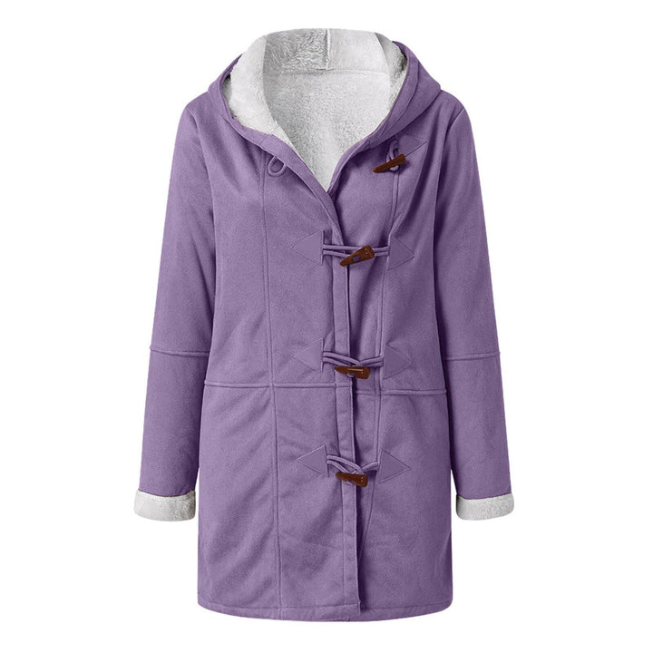 Cappotto donna viola con cappuccio, chiusura a alamari, interno foderato in pelliccia sintetica. Elegante e caldo, ideale per l'inverno.