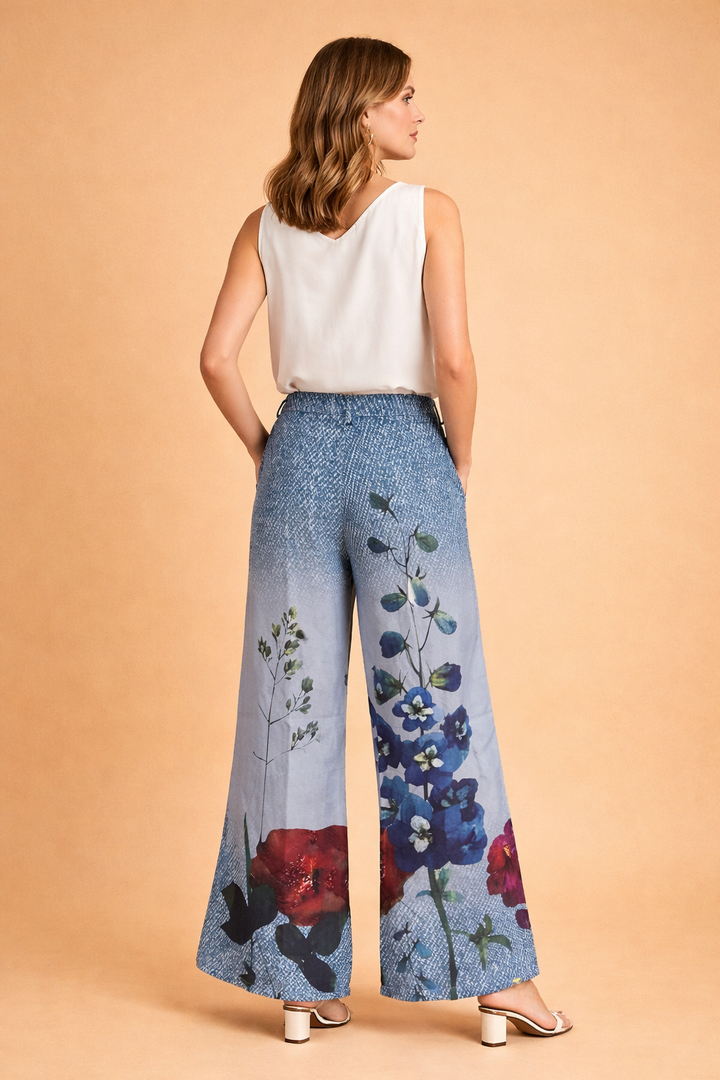 Jeans Donna a Zampa in Cotone con Stampe Floreali Comodi