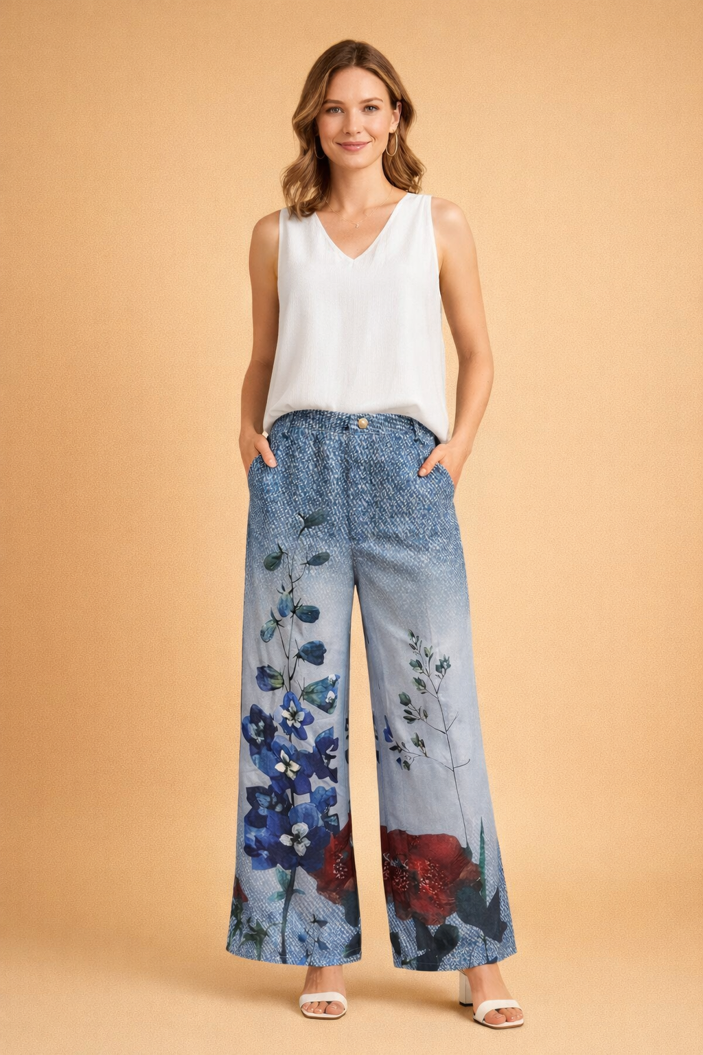 Jeans Donna a Zampa in Cotone con Stampe Floreali Comodi - Vesarelli