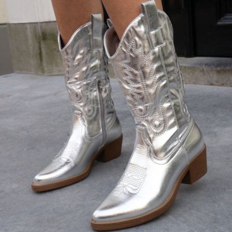 Stivali Donna Stile Western Metallizzati Alla Caviglia Comodi