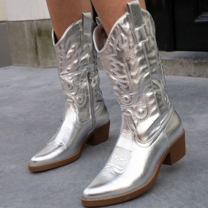 Stivali Donna Stile Western Metallizzati Alla Caviglia Comodi