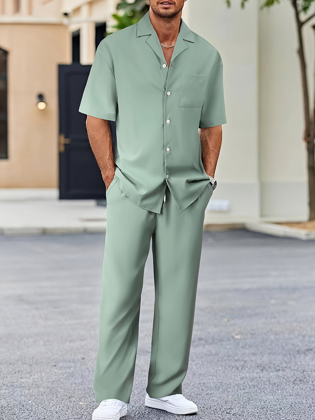 Completo Estivo Uomo Camicia Cotone Pantaloni Vestibilità Classica