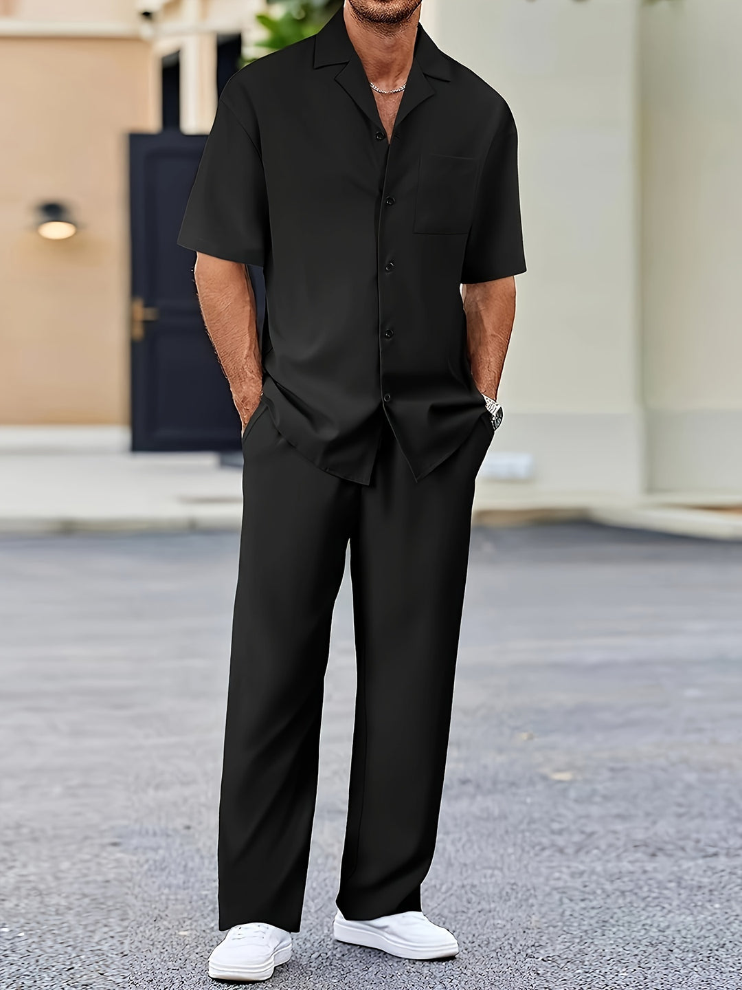 Completo Estivo Uomo Camicia Cotone Pantaloni Vestibilità Classica