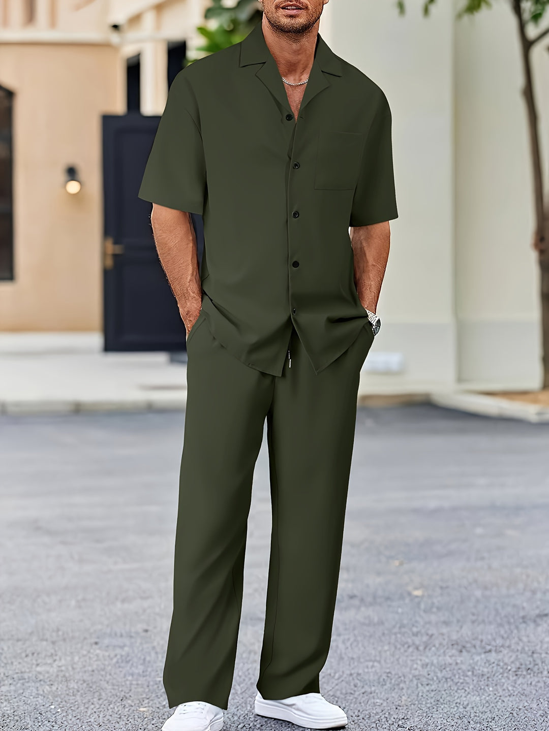 Completo Estivo Uomo Camicia Cotone Pantaloni Vestibilità Classica